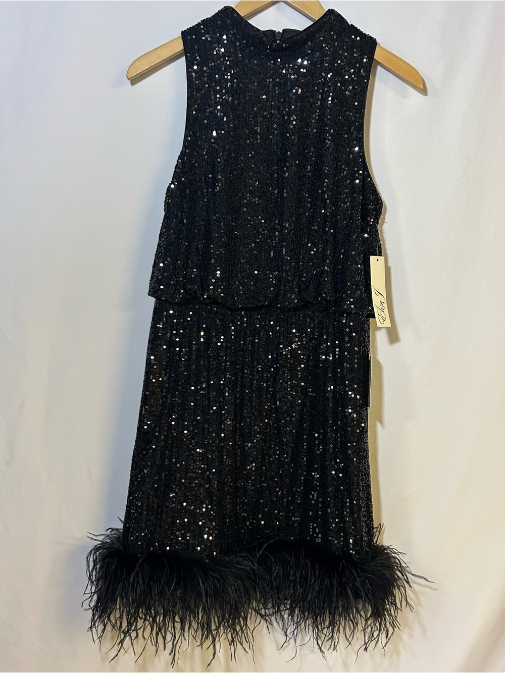 Eliza J Black Sequin Feather Hem Party Dress size 12 Occasion Fun Mock Neck
